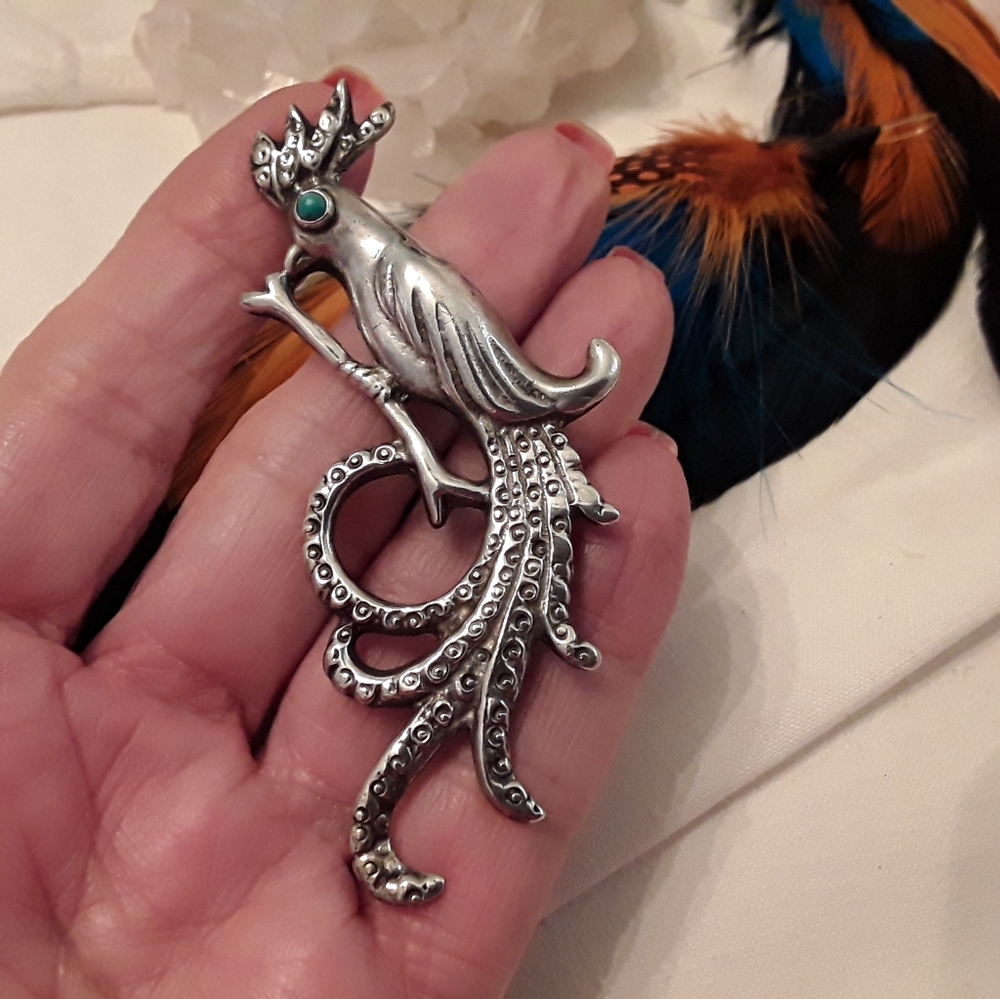 ANTIQUE 1940'S RARE STERLING SILVER PEACOCK PIN - Picture 4 of 16